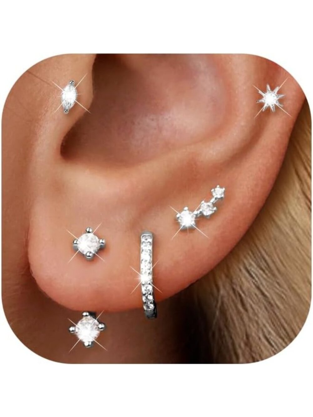 14K Gold Plated Stud Earrings Set - 6 Pairs CZ Cartilage & Stackable Styles